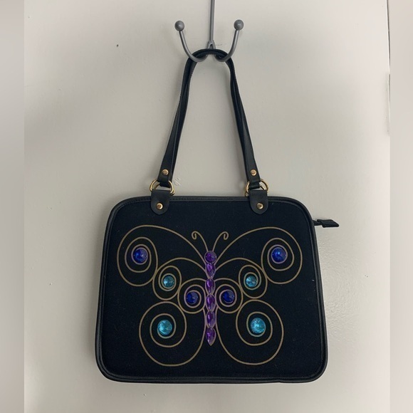 Lulu Guinness Handbags - Lulu Guinness vintage bejeweled butterfly black cotton handbag.